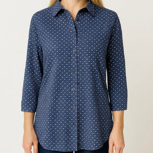 L.L.Bean Blue & White Polka Dot Wrinkle Free Button Down Shirt Womens Size XL